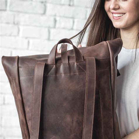 Leather Roll Top Backpack Large Women Backpacks Back Etsy