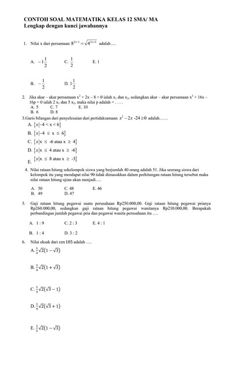 SOLUTION Contoh Soal Matematika Kelas 12 Sma Dan Ma Lengkap Dengan