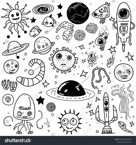 Set Doodle Aliens Space Elements Black Stock Vector Royalty Free