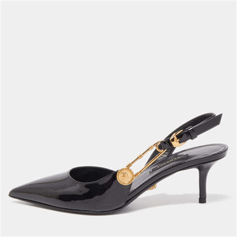 Versace Black Patent Leather Safety Pin Medusa Slingback Pumps Size