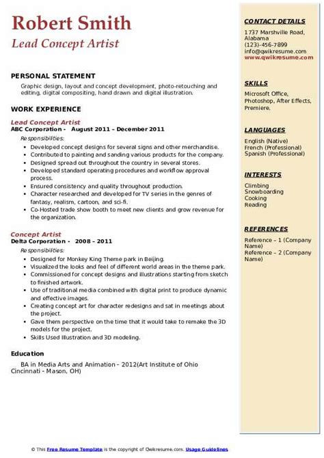 Concept Artist Resume Samples Qwikresume