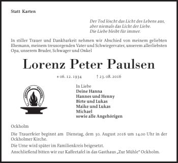 Traueranzeigen Von Lorenz Peter Paulsen Sh Z Trauer