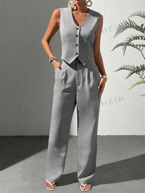 Shein Essnce Button Front Vest Blazer And Wide Leg Trousers Shein Uk