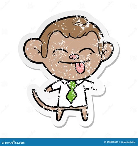 Distressed Sticker Of A Funny Cartoon Monkey Wearing Shirt And Tie