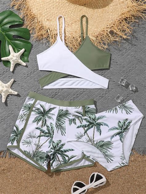 Tween Girl Coconut Tree Print Wrap Bikini Set With Beach Shorts Summer