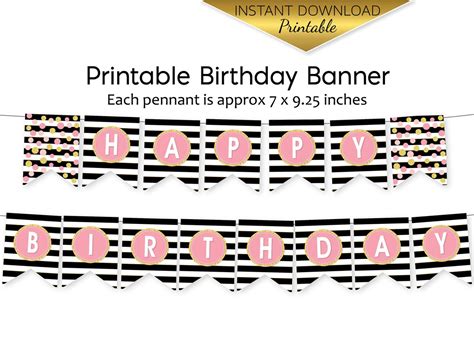 Happy Birthday Banner for Pink Gold Birthday Black White Stripes Faux ...