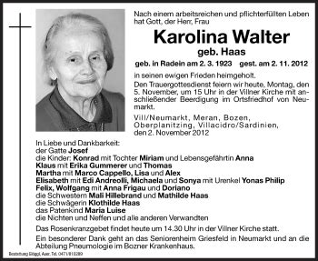 Traueranzeigen Von Karolina Walter Trauer Bz