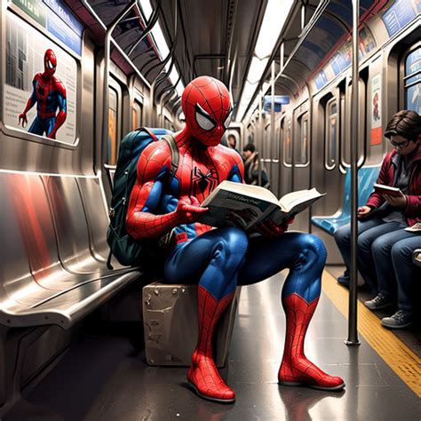 Spiderman travels sitting on the subway and reading a book by Jai ...