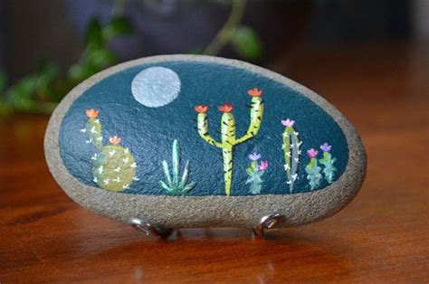 Painted Rock Desert Cactus Rock Night Cactus Garden Hand Painted