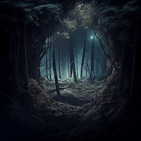 Ai Generated Hyper Realistic Illustration Of Dark Forest With Pine