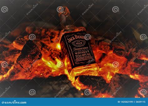 Bottle Of Whiskey Jack Daniel S On Fire With Burning Charcoals In The