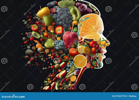 Thinking Made Of And Surrounded By Healthy Food Fruits And Vegetables