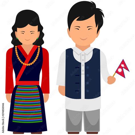 Nepali Couple Showing Their National Dresses Trendy Flat Vector In