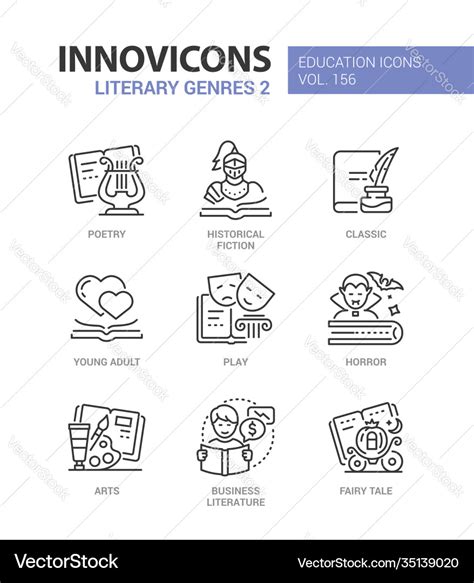 Literary Genres Line Design Style Icons Set Vector Image