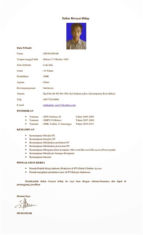contoh daftar riwayat hidup   benar  melamar pekerjaan