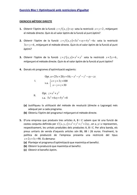 Soluci Exercicis Metode Directe Exercicis Bloc I Optimitzaci Amb