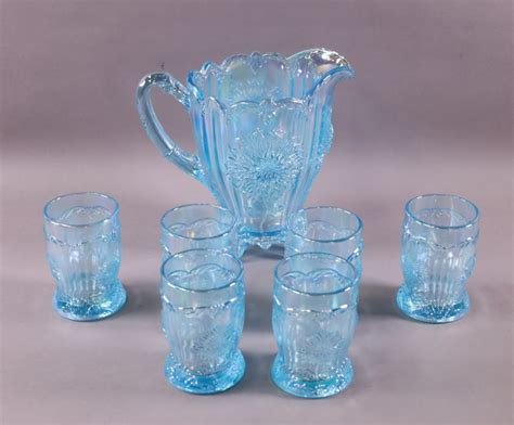 Blue Opalescent Glass Drink Set Redlands Antique Auction