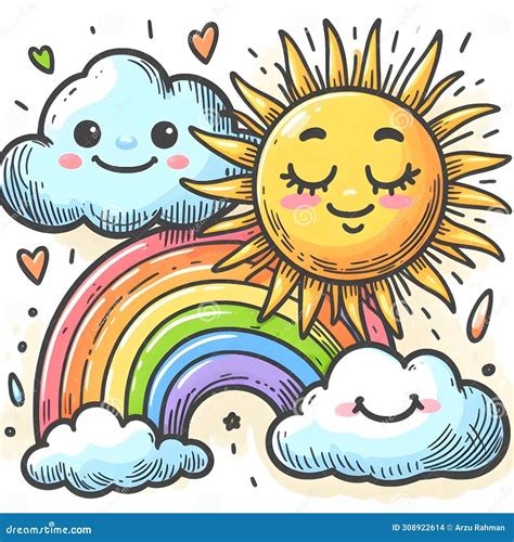 Hand Drawing of Sun Rainbow and Clouds Stock Illustration ...