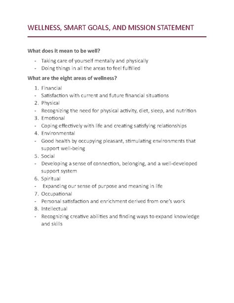 Wellness, Smart Goals, AND Mission Statement - WELLNESS, SMART GOALS