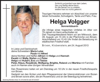 Traueranzeigen Von Helga Volgger Trauer Bz