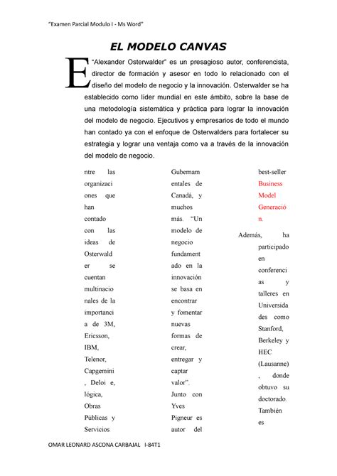 El Modelo Canvas “examen Parcial Modulo I Ms Word” El Modelo Canvas “alexander Osterwalder