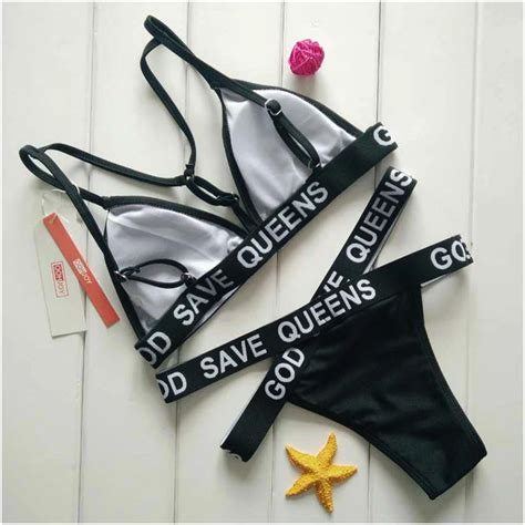 God Save Queens Letter Print Bikini Set Women Swimsuit Cross Strappy