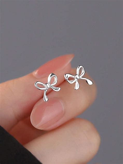 Pair Simple Sterling Silver Bowknot Stud Earrings Suitable For