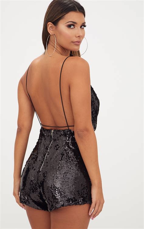 Black Strappy Sequin Wrap Playsuit Prettylittlething