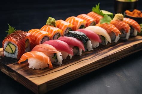 Premium AI Image Several Types Of Sushi On A Wooden Tray