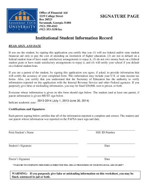 Fillable Online Savannahstate Institutional Student Information Record