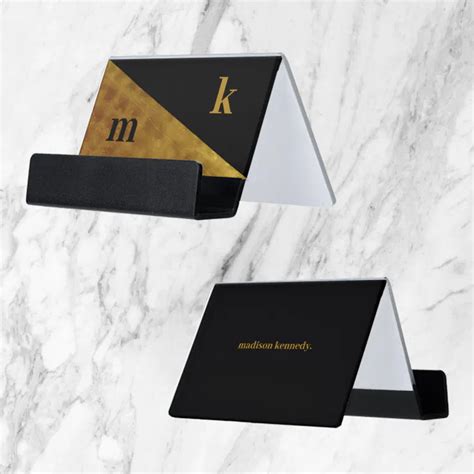 Modern Black Gold Foil Monogram Name Desk Desk Business Card Holder