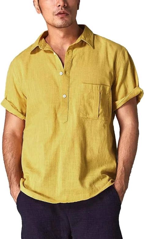 Camisa Lino Hombre Casual Shobdw 2019 Cuello Mao Botón Bolsillo Suelto Tallas Grandes Blusa Tops