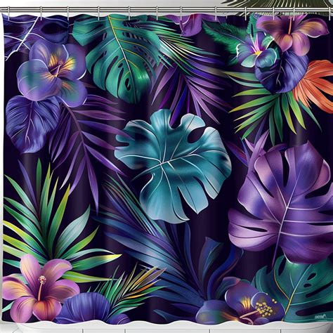 Exotic Tropical Floral Shower Curtain In Purple And Blue Green Ed