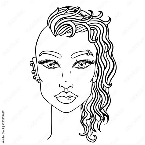 Doodle Girl With Shaved Head Womens Portrait For Adult Coloring Book Vector Illustration