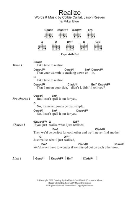 Realize By Colbie Caillat Sheet Music For Guitar Chordslyrics At Sheet