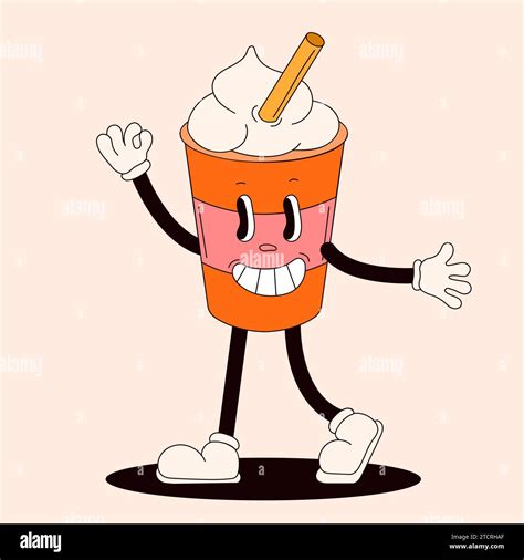 Groovy Drink Character In Shape Of Disposable Coffee Cup Retro Cartoon