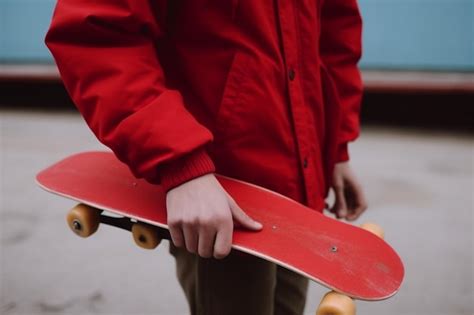 Premium AI Image Unrecognizable Man In Red Jacket Holding A Skateboard