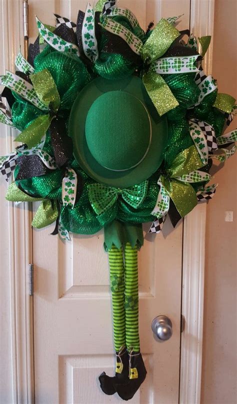 St Patricks Day Wreath Made Of Green Deco Mesh With Shamrock Ribbons