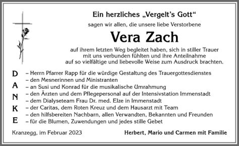 Traueranzeigen Von Vera Zach Augsburger Allgemeine Zeitung