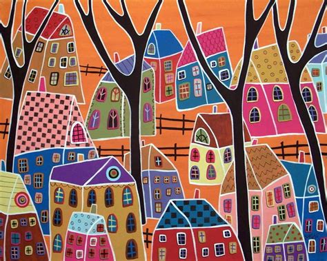 Four Trees And Houses On Orange Painting - Four Trees And Houses On ...