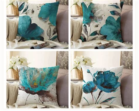 Turquoise Floral Pillow Cover Turquoise Flower Pillow Case Decorative Cushion Case Turquoise