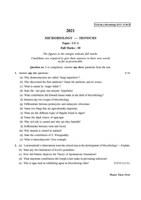 File CU 2021 B Sc Honours Microbiology Semester 1 Paper CC 1 QP Pdf