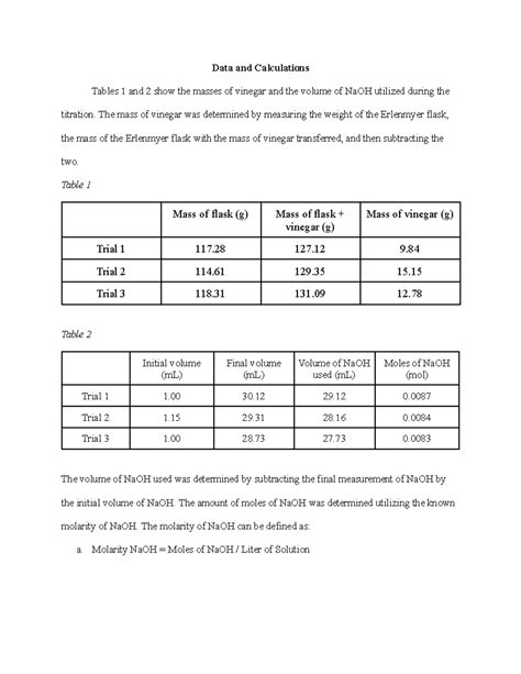 Chem 125 Data and Calc - calculations in formal report - Data and