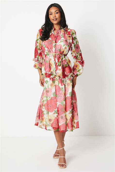 Dresses Floral Printed Tie Waist Midi Chiffon Shirt Dress Coast