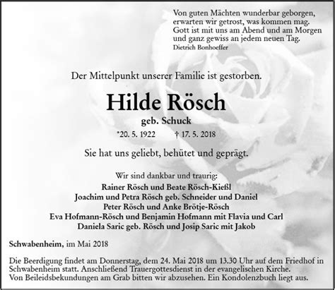 Traueranzeigen von Hilde Rösch vrm trauer de