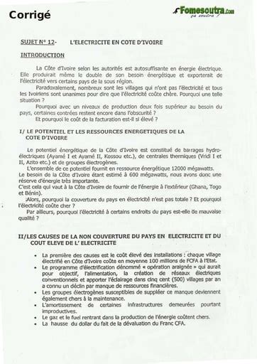 Sujet Corrigé De Dissertation L électricité En Cote D Ivoire