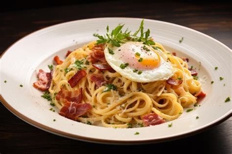 Premium Photo Photo Of A Plate Of Spaghetti Carbonara With Bacon And