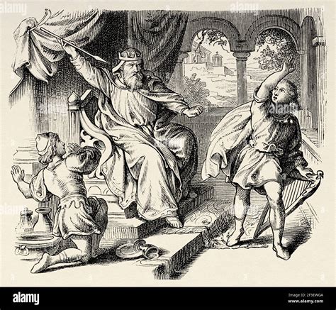 Saul Is Damned To Kill David The Evil King Saul Throws A Spear At