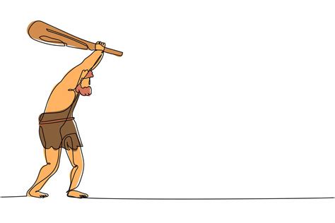 Single Continuous Line Drawing Caveman Holding And Raised Cudgel