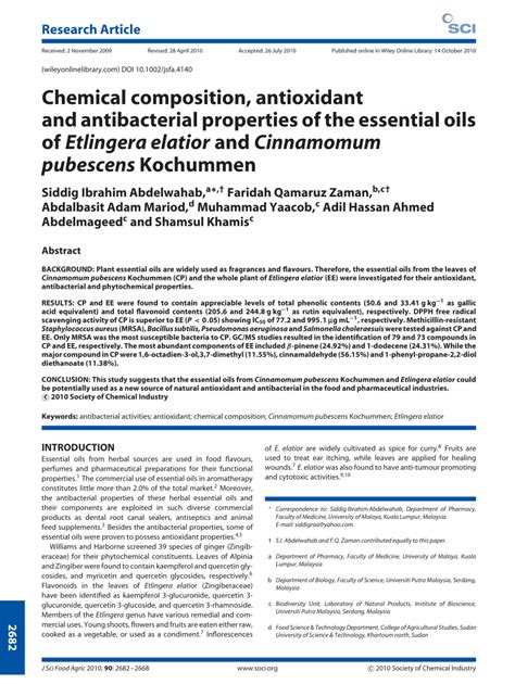 Pdf Chemical Composition Antioxidant And Antibacterial Properties Of